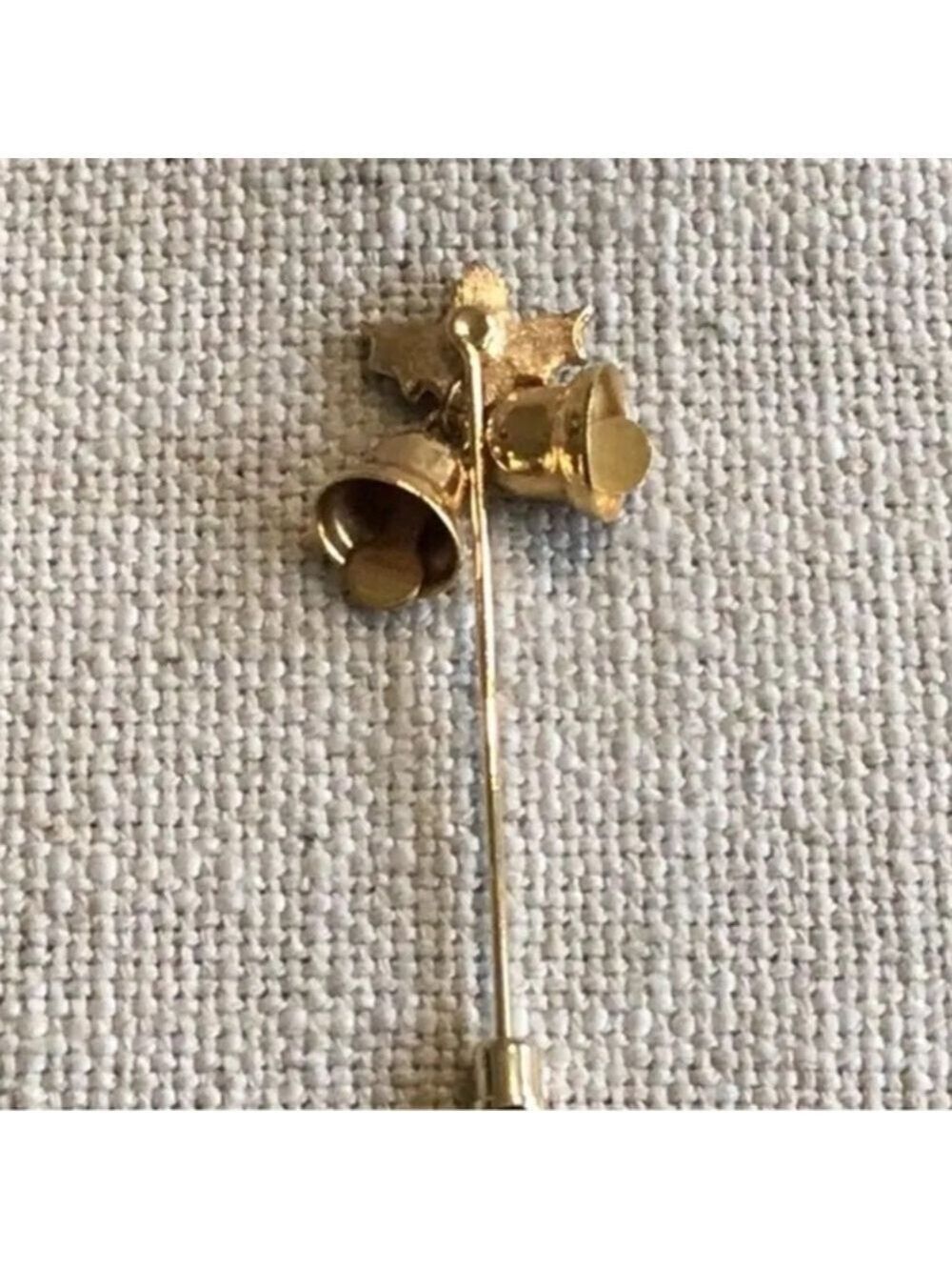 Gold Tone Enameled Rhinestone Holly Christmas Bell Stick Pin 0612